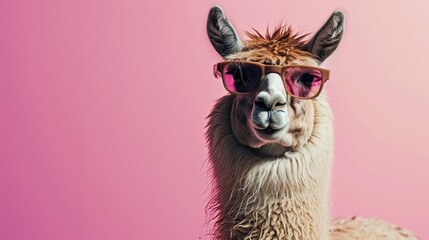 Aufkleber - A llama wearing sunglasses stands out against a vibrant pink background. Perfect for adding a touch of fun and personality to any project