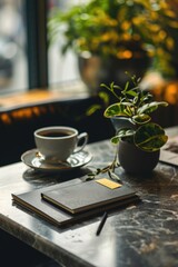 Poster - A cup of coffee and a notebook placed on a table. Suitable for various business and creative concepts