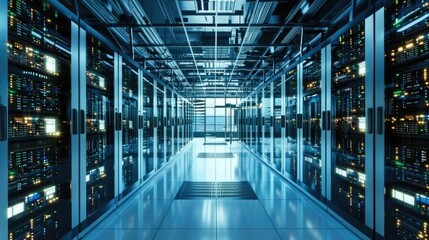 Poster - Server Racks room, Modern Telecommunications. Generative AI.