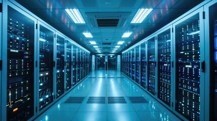 Poster - Server racks in computer network security server room data center, Network operating center server room. Generative AI.
