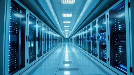 Poster - Server racks in computer network security server room data center, Network operating center server room. Generative AI.