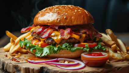 A Bacon Burger on a wooden board. Generative AI.