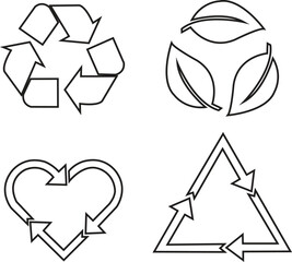 Recycle vector icon set. Arrows, heart and leaf recycle eco green symbol. Rounded angles. Recycled signs illustration black color line art