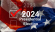 2024 presidential election year in United States as illustration template on blue background wall with reflection.