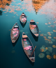 Wall Mural - Endless lotus pond, a small boat, blue sky, super wide-angle shooting, natural light, real lighting effect, fine details of objects, advanced environment rendering, high-quality shooting, Generate AI.