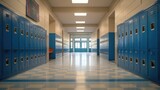 Fototapeta  - Empty school hallway with royal blue metal lockers along both sides of the hallway