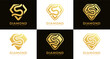 Set of diamond logos with initial letter S. These logos combine letters and rounded diamond shapes using gold gradation colors. Suitable for diamond shops, e-commerce