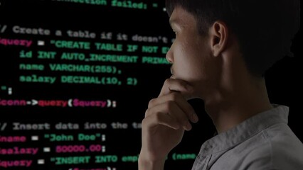 Young man programmer analyzing programming language PHP, Html, Database for website used for collecting data and publishing reports. He find errors in the system and he is comfortable with programming