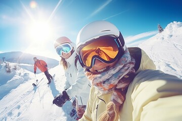 A happy group of people, friends enjoying at ski resort doing selfie. Sunny winter morning, beautiful day.