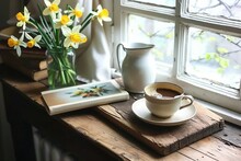 Cozy Easter Spring Still Life. Greeting Card Mockup Scene. Cup Of Coffee, Books, Wooden Cutting Board, Milk Pitcher And Vase Of Flowers On Windowsill. Floral Composition. Generative Ai.