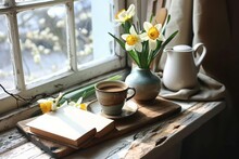 Cozy Easter Spring Still Life. Greeting Card Mockup Scene. Cup Of Coffee, Books, Wooden Cutting Board, Milk Pitcher And Vase Of Flowers On Windowsill. Floral Composition. Generative Ai.