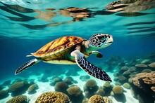 Digital Art Of A Sea Turtle Swimming In The Ocean, In Front Of A Tropical Island In Summer. This Artwork Is Inspired By The Beauty Of The Tropical Ocean And Marine Life