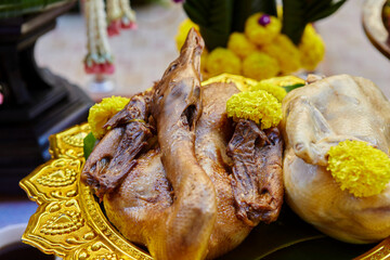 Close-up view of boiled duck and chicken for pay respect to god