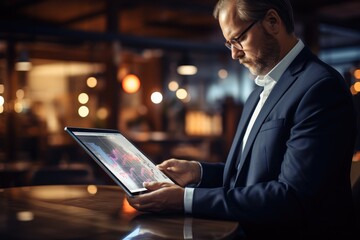 Aufkleber - Business man using a tablet with a graph on it, Mobile communication, Digital technology concept. Generative AI.