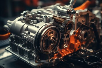 Poster - The mechanical arm is assembling the engine of the car and the operation is precise and efficient. Generative AI.