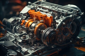 Poster - The mechanical arm is assembling the engine of the car and the operation is precise and efficient. Generative AI.