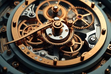 Poster - A complex mechanism, Consisting of gears, Rods and buttons. Generative AI.