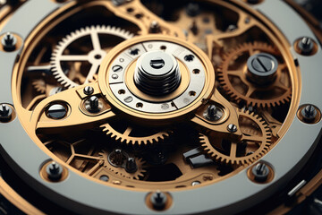 Poster - A complex mechanism, Consisting of gears, Rods and buttons. Generative AI.