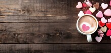 Coffee On A Wooden Board. Love And Hearts Background. Wooden Background