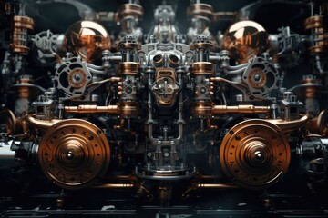 Aufkleber - Complex machinery, Gears, Pipes, Engines, Smoke, Steam, Perfect composition. Generative AI.