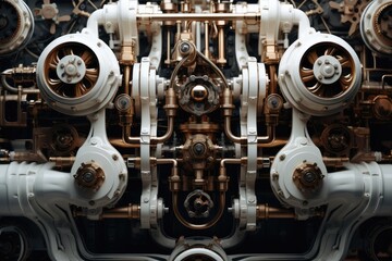 Aufkleber - Complex machinery, Gears, Pipes, Engines, Smoke, Steam, Perfect composition. Generative AI.