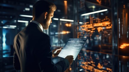 Aufkleber - Businessman check electronic documents on digital documents and checklist approve, Online evaluation of business on virtual interface, Communication technology concept. Generative AI.