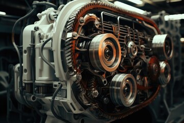 Poster - Inside the car engine, Belt gear. Generative AI.