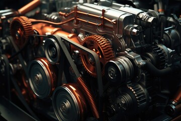 Poster - Inside the car engine, Belt gear. Generative AI.