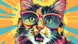 Wow pop art cat face. Cat with colorful glasses pop art background. Animals characters