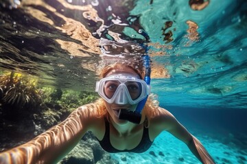 Wall Mural - Underwater shoot of a young lady snorkeling and doing skin diving in a tropical sea. AI Generated