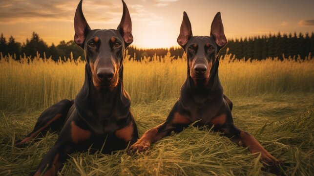 Two black dobermans sitting on the grass