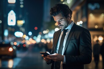 Man with suit and smartphone on city street at night. Generative AI.