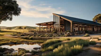 Aufkleber - Long contemporary barn a agrarian cafe sited on rolling hills. Generative AI.