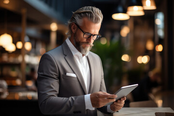 Poster - Businessman using digital tablet, Busy working in modern office. Generative AI.