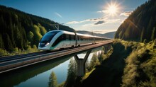 A Modern Passenger Train Crosses A Valley Bridge. Generative AI.