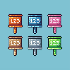 Fototapete - Pixel art sets of 123 sign icon with variation color item asset. 123 sign icon on pixelated style. 8bits perfect for game asset or design asset element for your game design asset