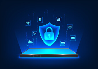 Poster - Cyber security technology background, cyber data protection technology of smartphone system Protect the center from being lost or stolen. Smartphone screen showing lock and shield with connected icons