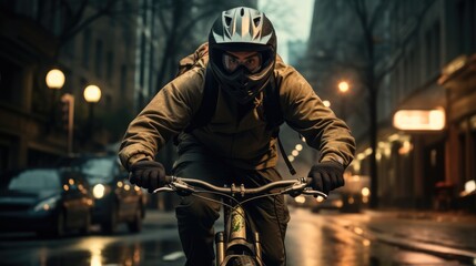 Wall Mural - A cyclist riding through city streets, Mask secured. Generative AI.