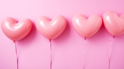 Wall Mural - Whimsical valentine's hearts floating like balloons on pink background - romantic flat lay, top view