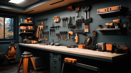 A tool room with a bar for tools in a gray color. Generative AI.