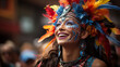 Woman with elaborate face paint and feathered headdress at a cultural festival.
