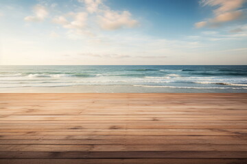 Wall Mural - Wooden floor with sea background