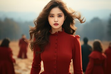 Canvas Print - A Korean woman wearing a red sweater and dress. Generative AI.