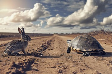 Wall Mural - turtle and rabbit on race track. concept compete for success. generative ai.
