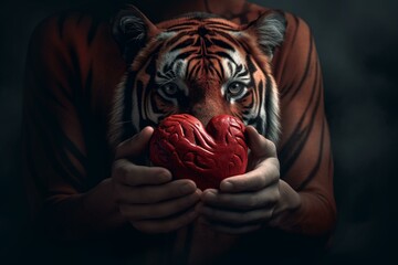 Wall Mural - A tiger holding a heart in red color. Generative AI
