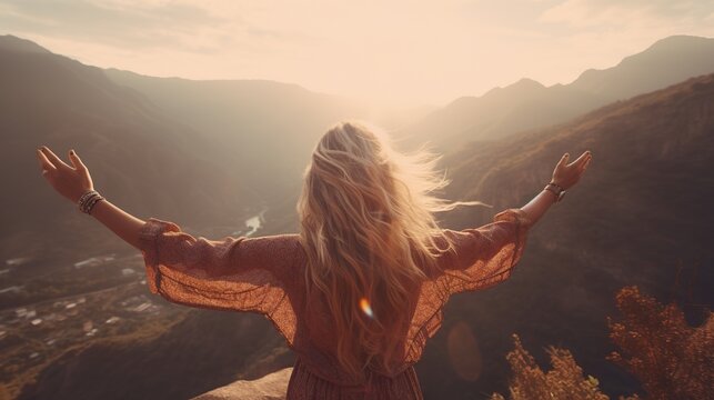 The back of a female relaxing outdoor morning with mountains People freedom concept  inspiration facing the sun