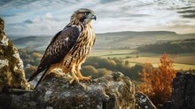 A Regal Falcon Perched On A Medieval Stone Ledge, Its Keen Eyes Surveying A Vast Landscape Below