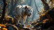 Mythical white tiger walking down the rocks in the forest