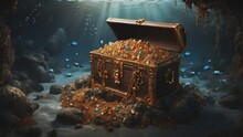 A Secret Treasure On The Seabed In A Mysterious Underwater Cave. An Open Old Wood Trunk Is Full Of Jewellery, Coins And Gold Lighted By Entering Rays Of The Sun. Abounded Pirate Chest In Blue Water.