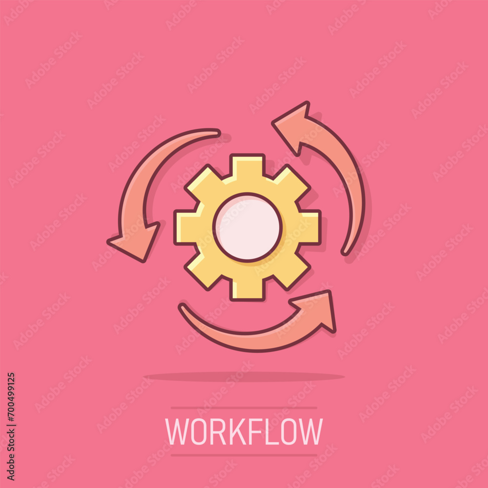 Workflow process icon in comic style. Gear cog wheel with arrows vector ...